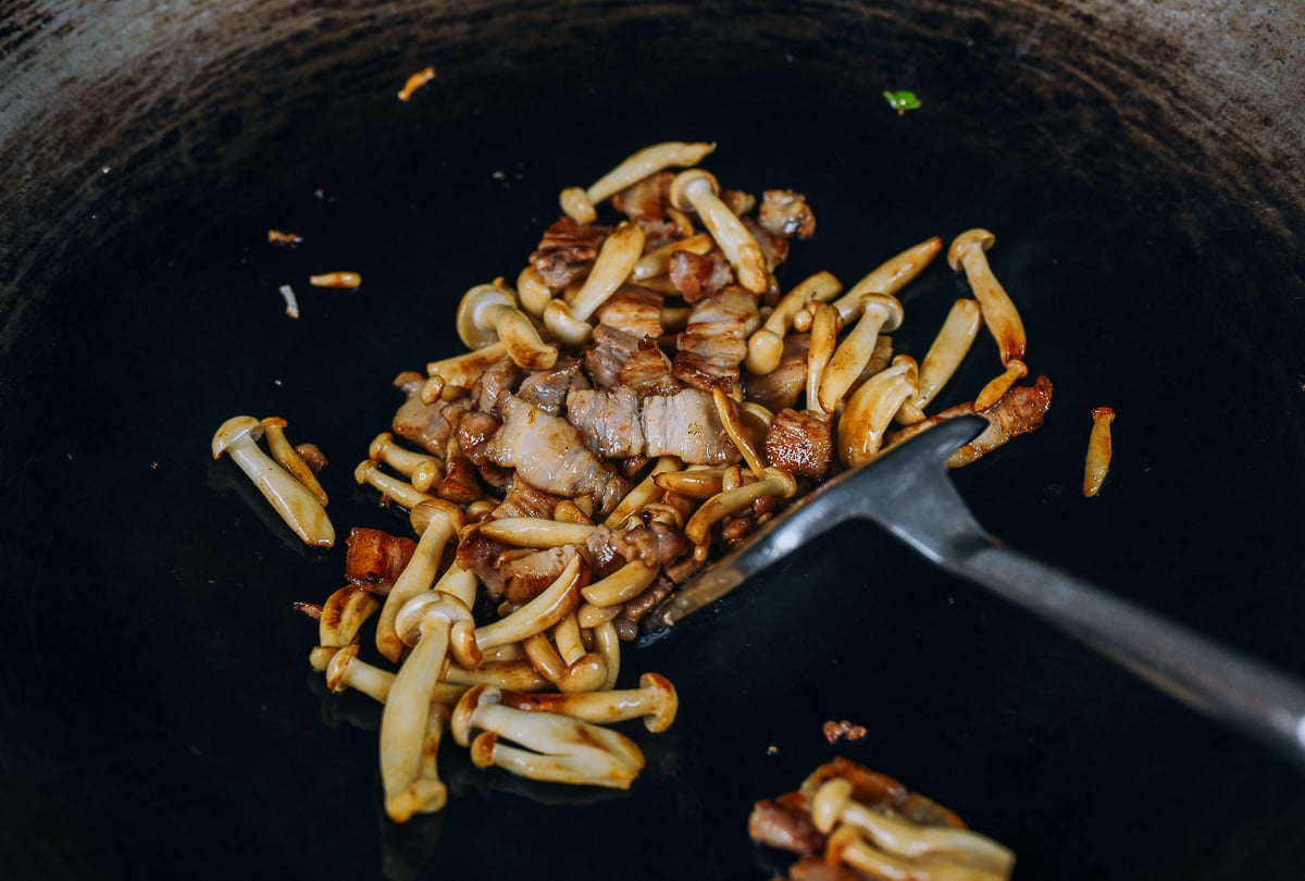 stir-fried pork belly with seafood mushrooms