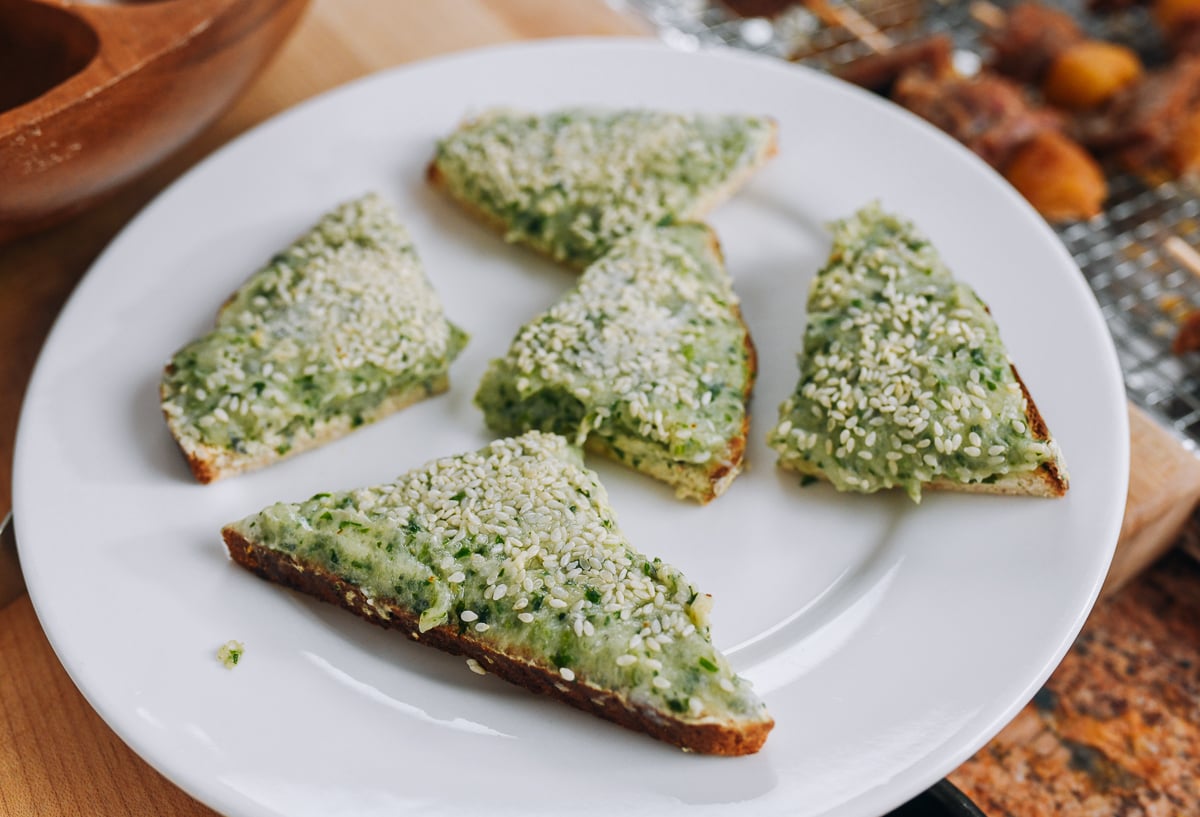 assembled shrimp toast on plate