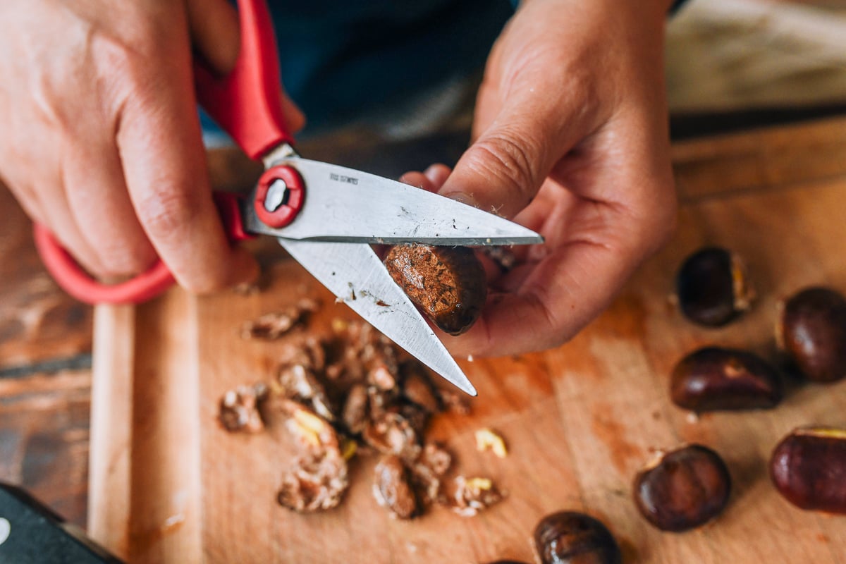 trimming off end of chestnut with kitchen shears